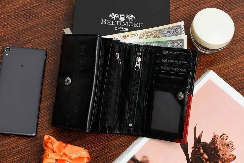 BELTIMORE portfel skórzany damski RFiD skóra karty czarny czerwony