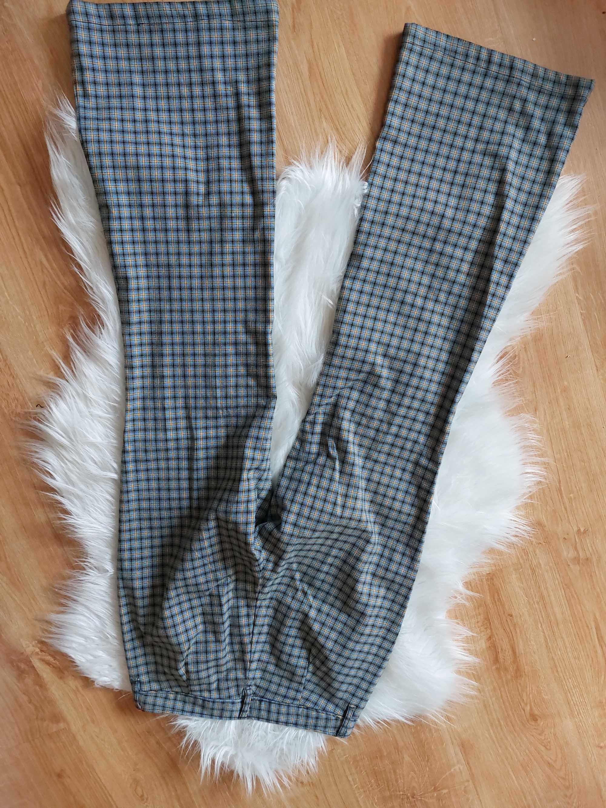unikatowe spodnie w kratkę kolorowe s m dzwony szeroka nogawka flare