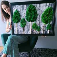 Obraz 3D las, brzozy, mech chrobotek naturalny, czarna rama