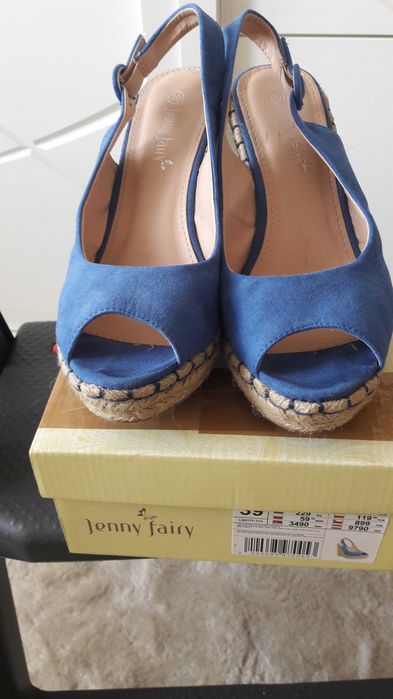 niebieskie sandały koturn roz 39 wkładka 24,5 cm. JENNY FAIRY. TANIEJ