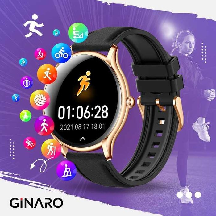 Smartwatch damski złoty zegarek elegancki kroki zdrowie pomiary muzyka