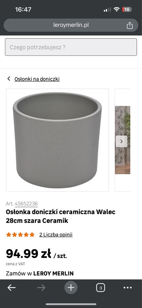 Osłonka doniczki ceramiczna szara walec 28