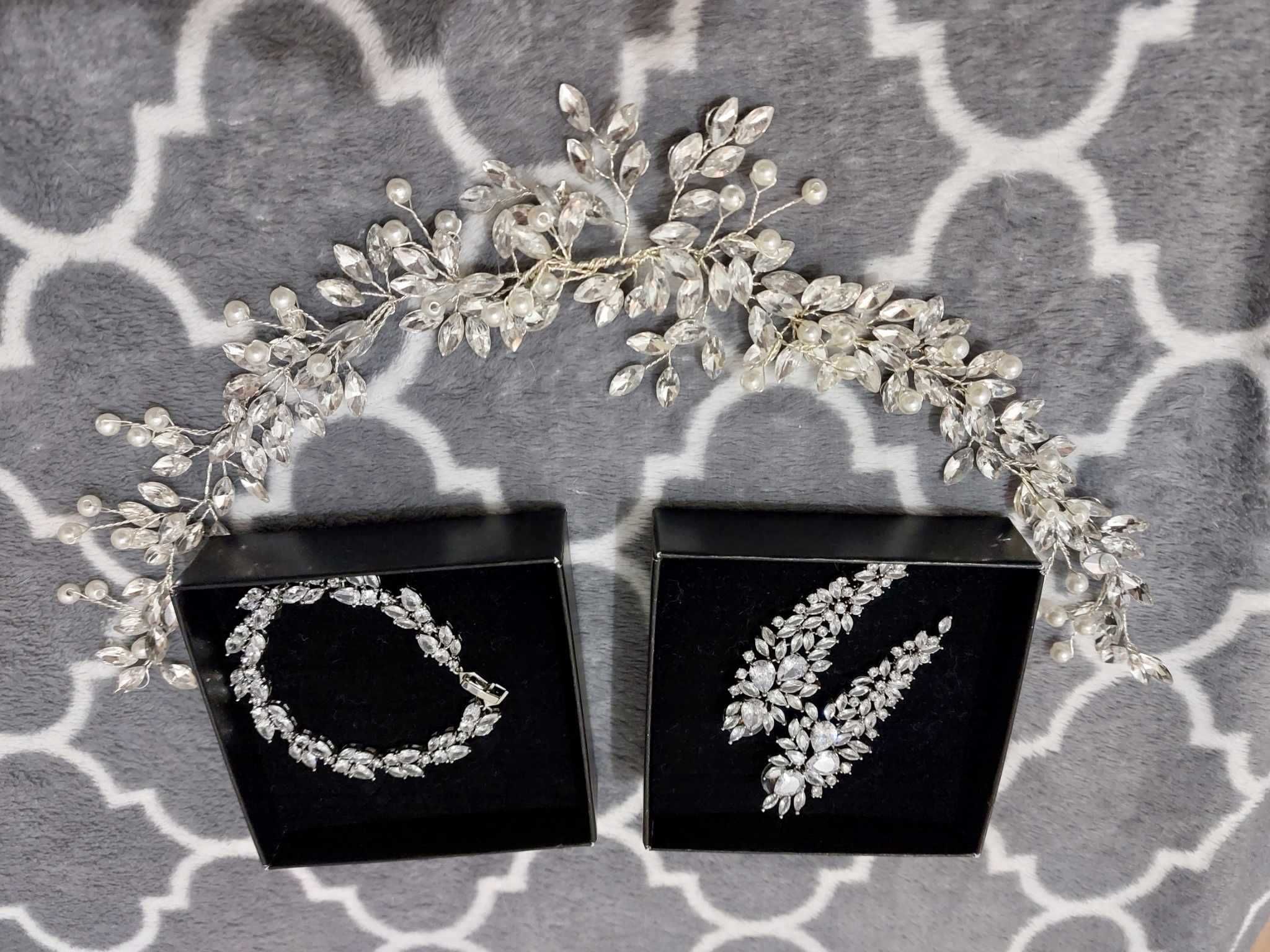 Biżuteria ślubna Kokonet - kolczyki i bransoletka + ozdoba do włosów