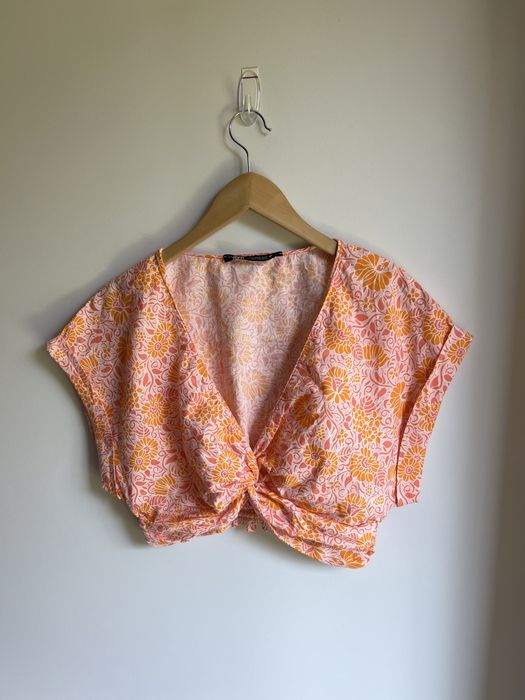 Krótki, lniany top supełek różowo pomarańczowy zara r. M/38