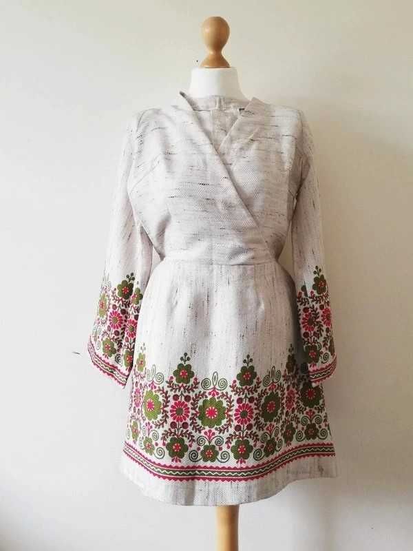 Sukienka mini len lniana boho vintage retro 70s hippie lata 70te xs s