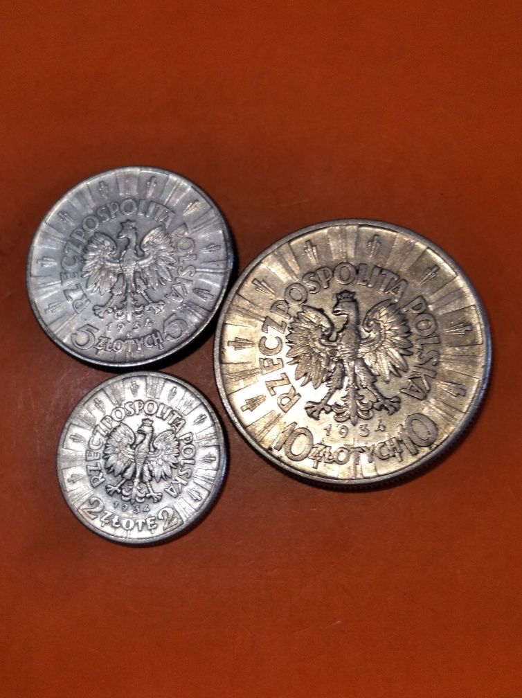 Zestaw 2,5,10 Złotych Piłsudski 1934!/II Rp 3 szt/Ag 0.750