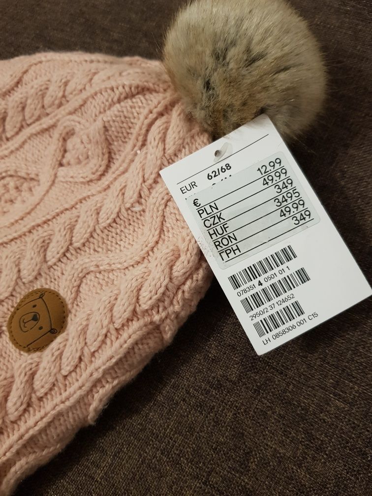 Nowy komplet H&M 62/68 pudrowy róż czapka rękawiczki z metkami