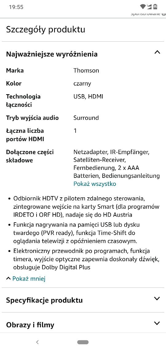 Cyfrowy odbiornik satelitarny Thomson THS 811 folia na obudowie