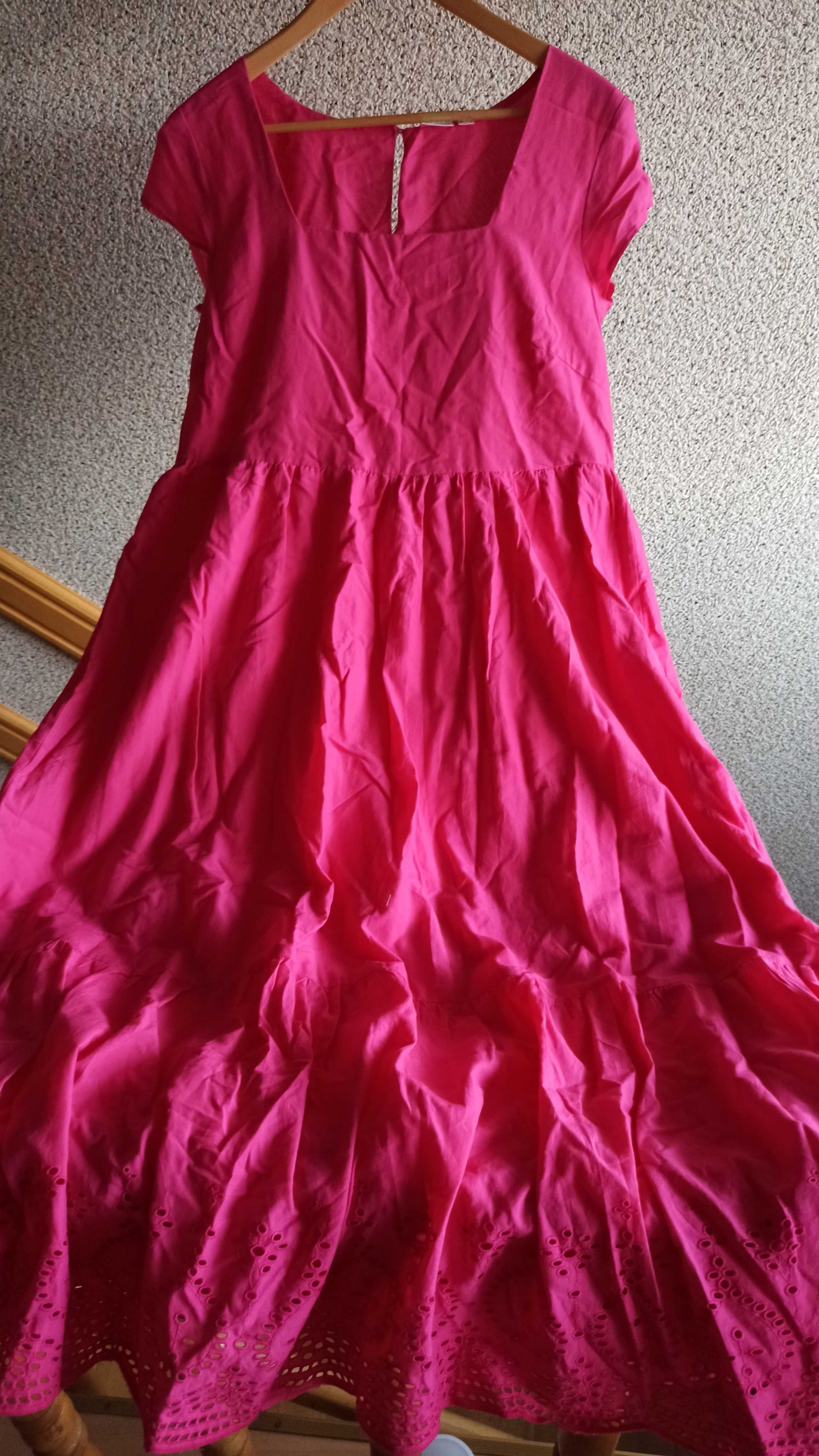 Sukienka pink haft boho koronka 40 bawełna