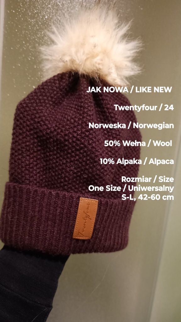 Twentyfour  Norweska czapka wełniana z alpaką, 50% Wełna 10%, Roz. S-L