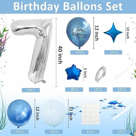 Zestaw balonów na 7 urodziny niebieski srebrny cyfra 7 100cm