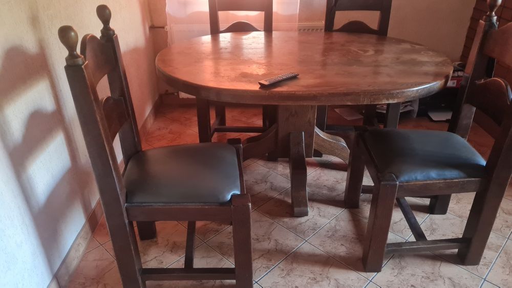 Stół dębowy krzesła dębowe 4 krzesła skórzane skóra