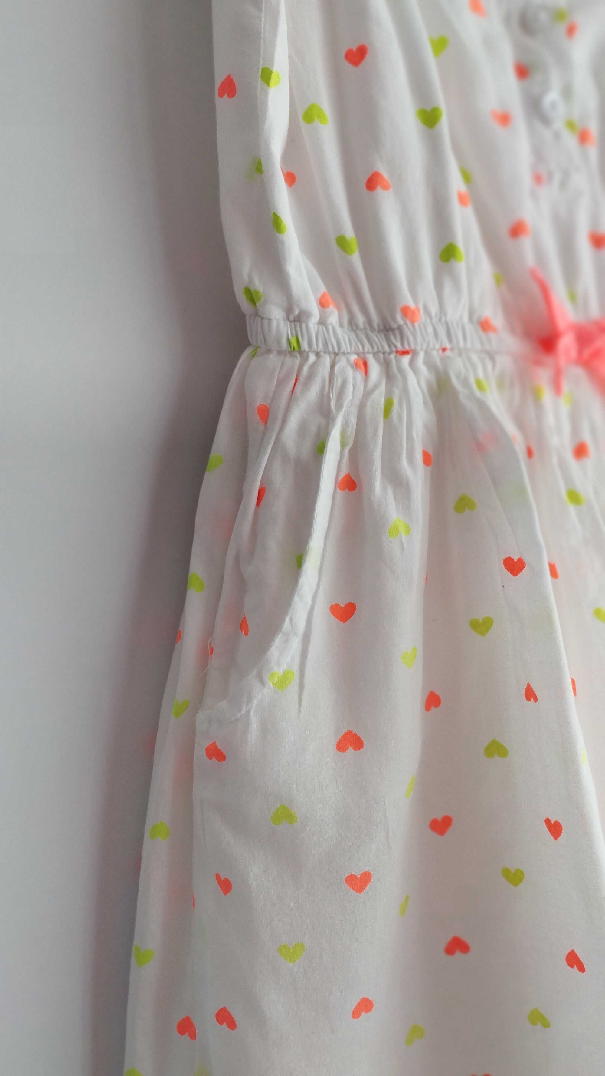 Sukienka letnia biała 100% bawełna w serduszka neonowe kokardka