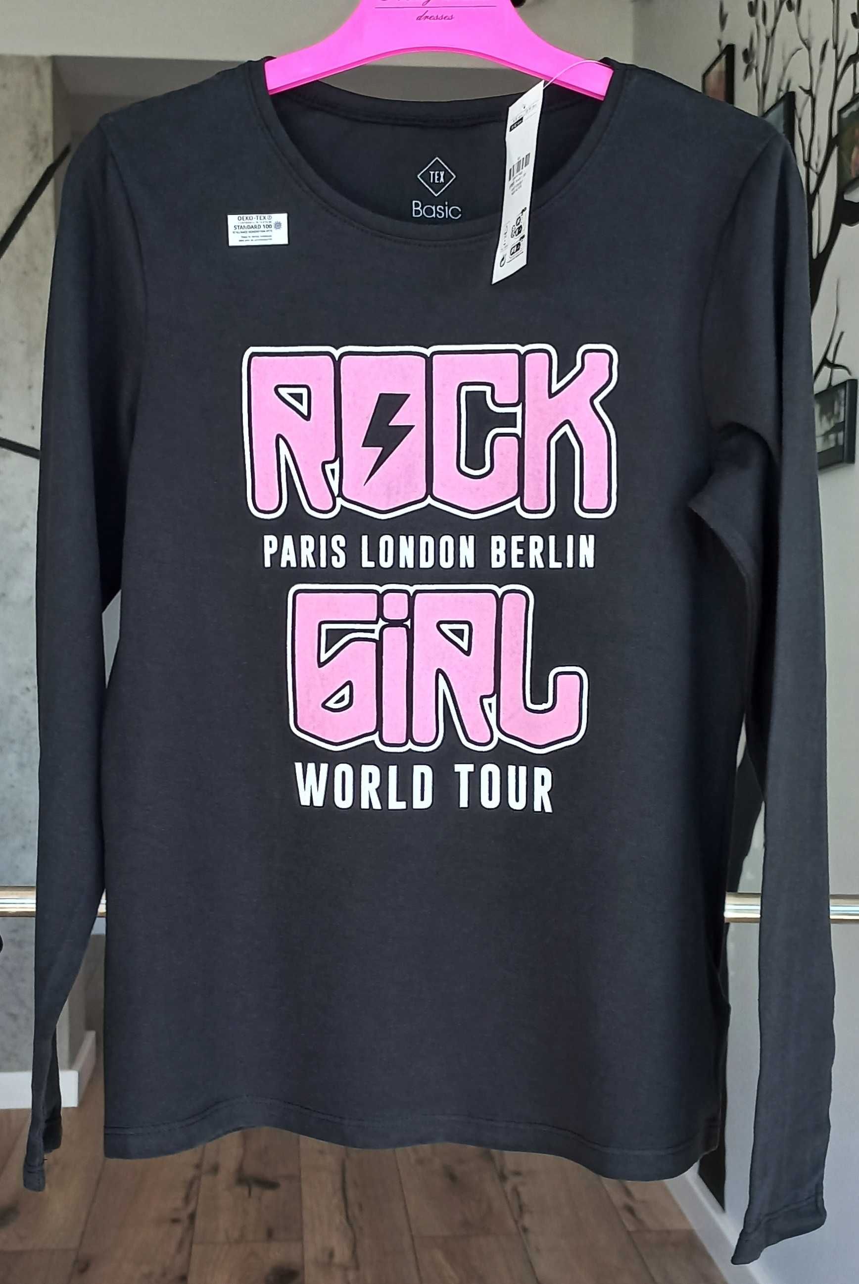 NOWA czarna bluzka koszulka z długim rękawem Rock Girl 152 TEX