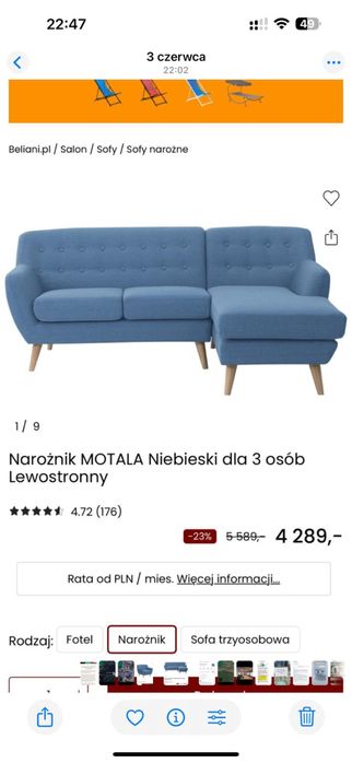 Narożnik lewostronny MOTALA niebieski  3 osobowy +fotel MOTALA GRATIS
