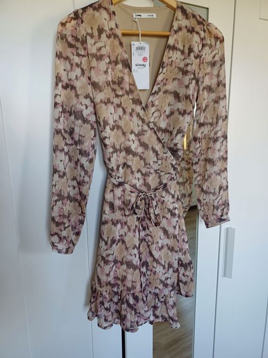 Sukienka nowa z metką wzór brązowa beżowa falbana sinsay 34 XS