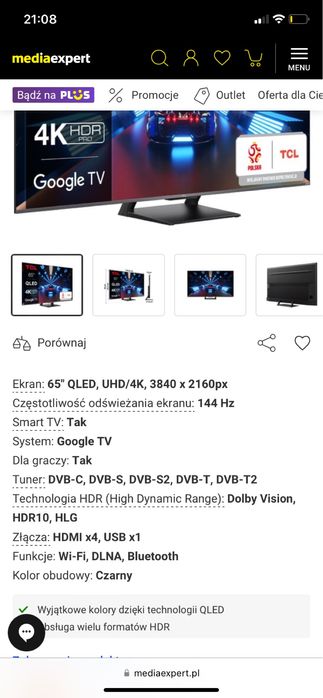 Telewizor TLC 65 cali QLED, UHD/4K 144 Hz