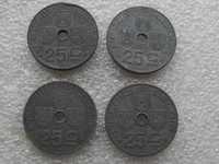 4 monety Belgia, 25 Centimes, 1942,43,43,1946 rok.