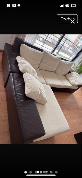 Sofa em pele e tecido c chaise longue separavel