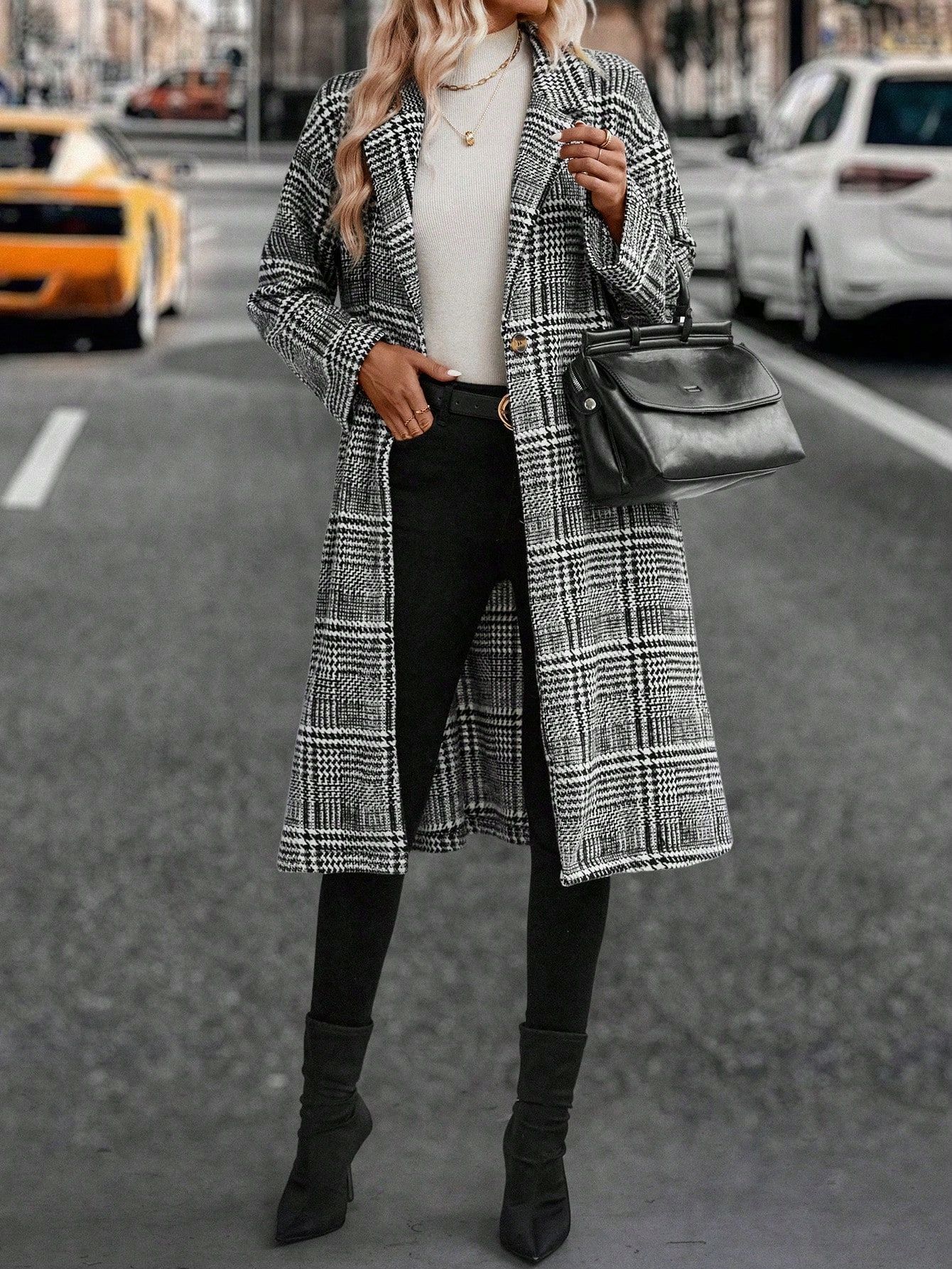 Płaszcz Damski Jednorzędowy Midi W Kratkę Casual Shein L 40