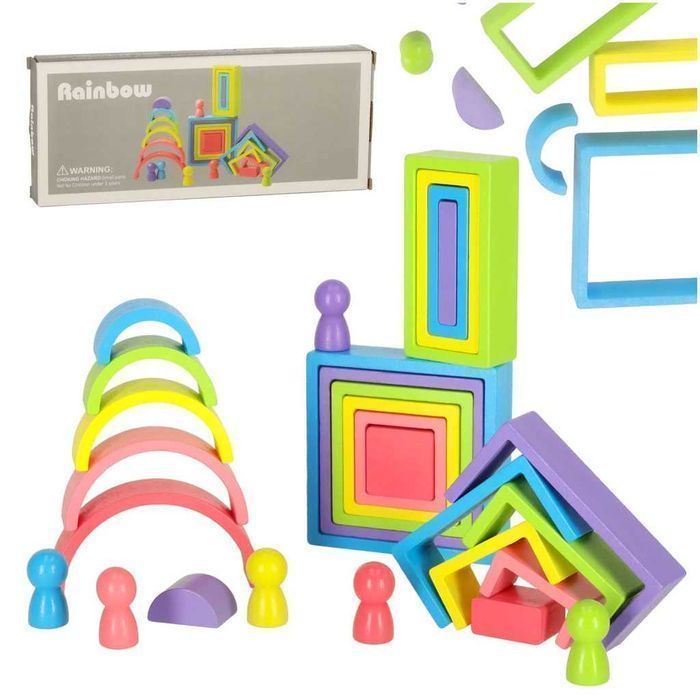 Klocki Drewniane Edukacyjne Tęcza Puzzle Montessori Kolorowe