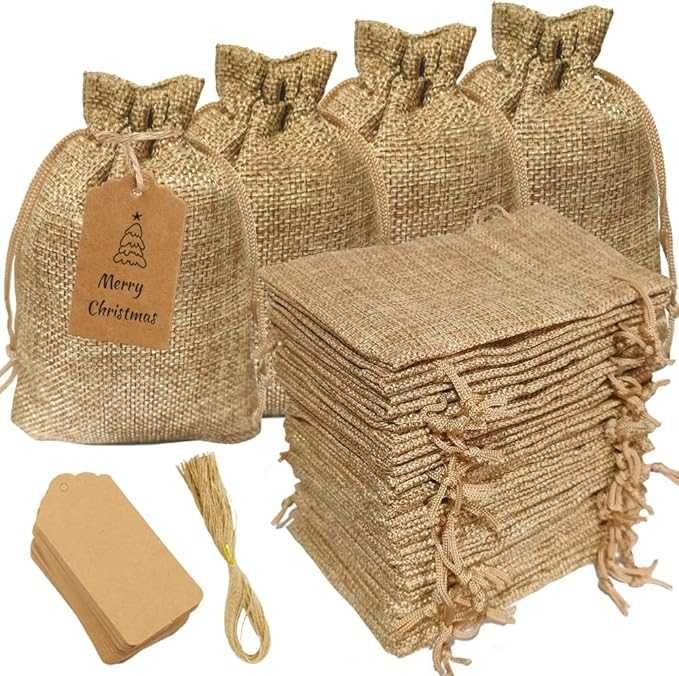 Torebeczki Jutowe 60 szt nowe,10x14 z zawieszkami.Okazja