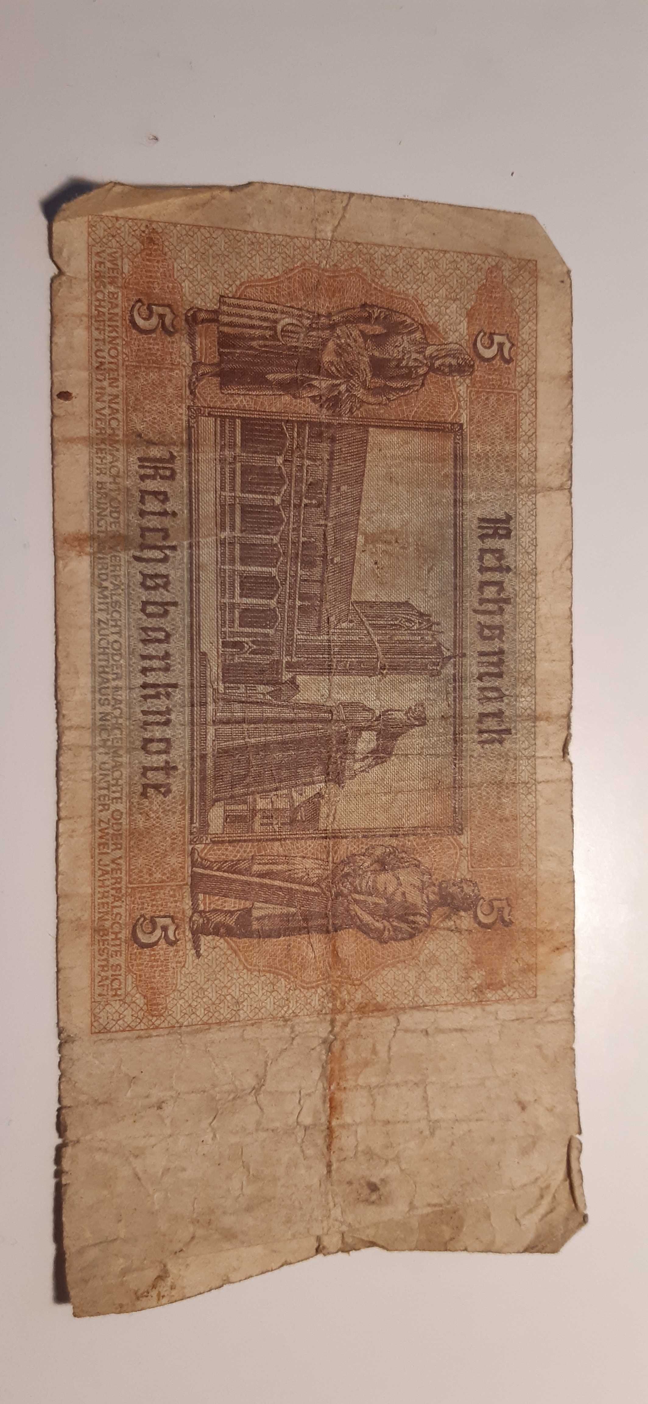 Historyczny banknot Niemiecki 5 Marek z 1942 roku