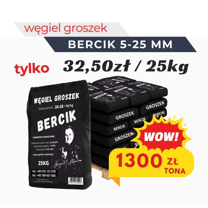 Wysokokaloryczny Polski Węgiel Groszek BERCIK Worki 25 KG 1 Tona