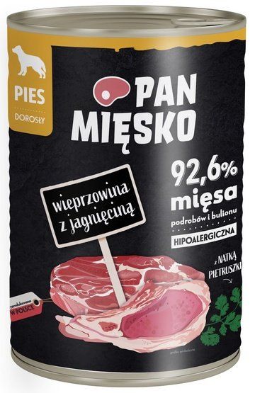Karma dla psa z dużą ilością mięsa Pan Mięsko Wieprzowina Jagnię 400g