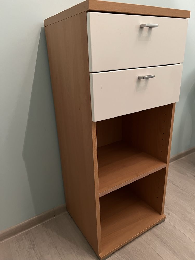 Komoda,półka,kolor bukowy + bialy połysk