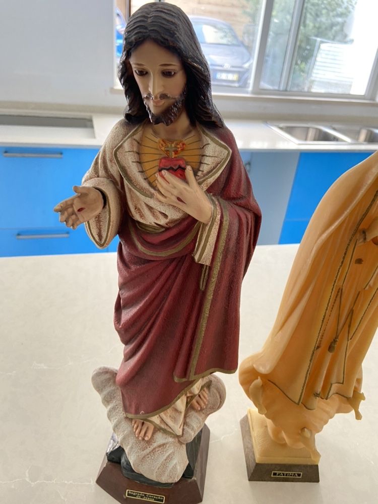 2 Estátuas Sagrado Coração de Jesus e Nossa Senhora de Fátima 54cm