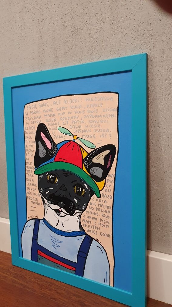Obraz Kot plakat grafika w ramce kotek handmade A3 dla dziecka pop art