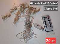 Girlanda LED 10 "nitek" na USB z pilotem. Ciepła biel.