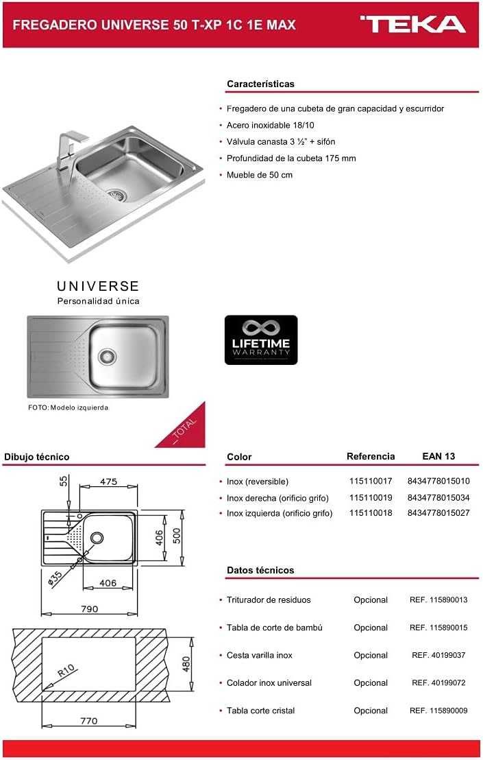 Teka Universe 50 T-XP 1C 1E MAX REV кухонна мийка  50 x 79 x 17,5 мм