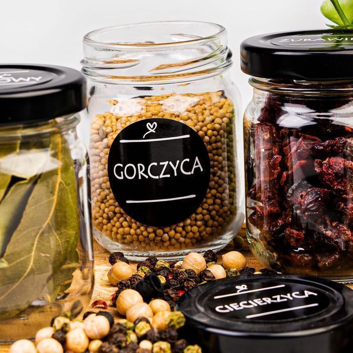 24x pojemniki słoiczki na przyprawy 130 ml + 75x etykiety, nabierak