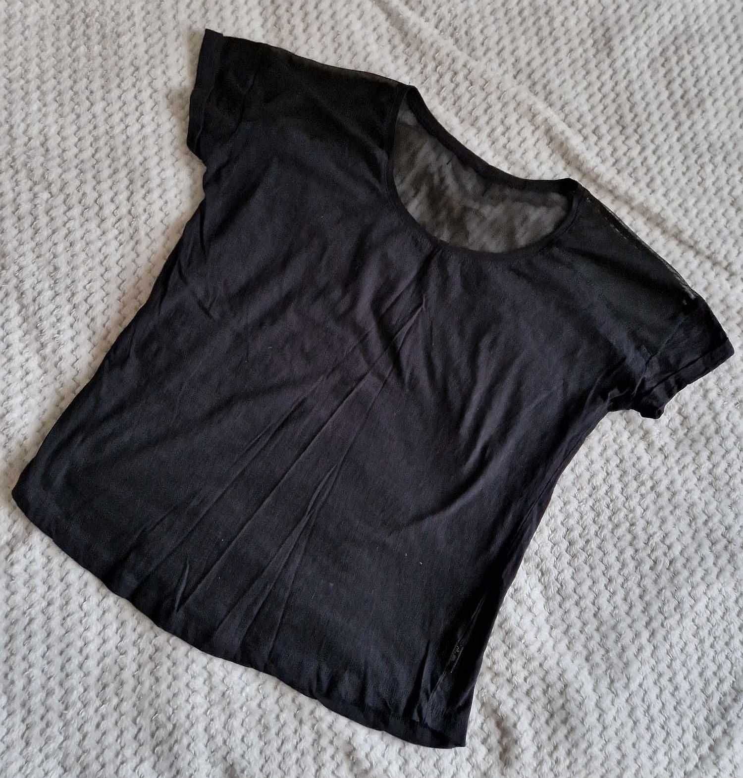 Czarna bluzka koszulka z wstawkami z siateczki luźna bawełniana