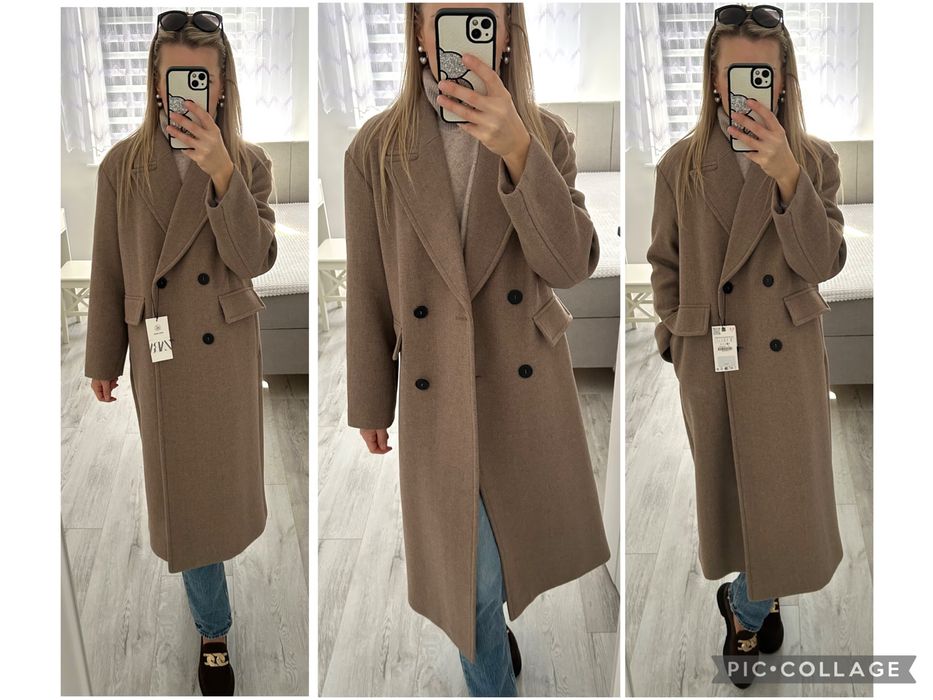 Wełniany brązowy płaszcz Zara oversize r.S