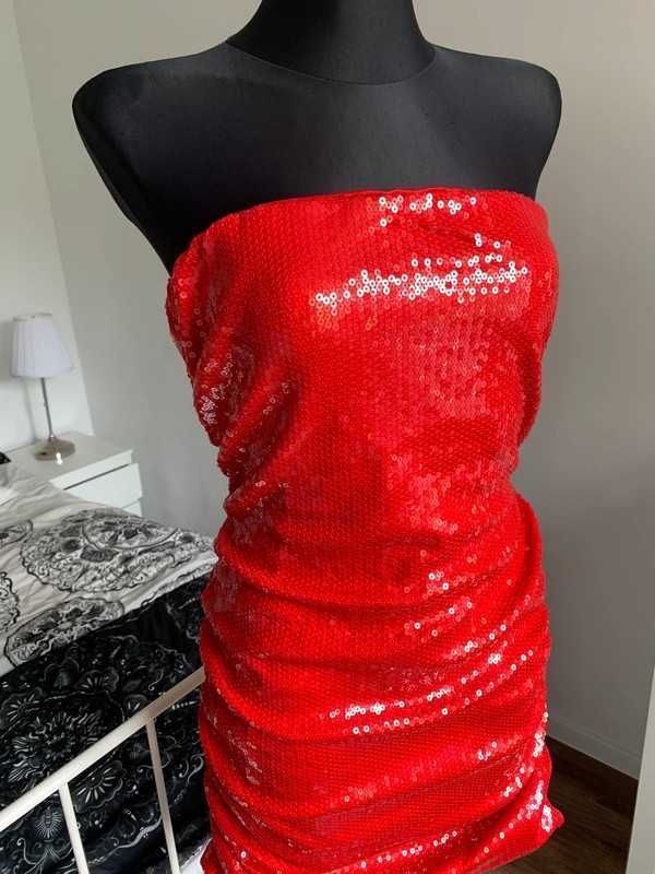 Czerwona marszczona cekinowa sukienka sequin red bandeau 40 L 38 M