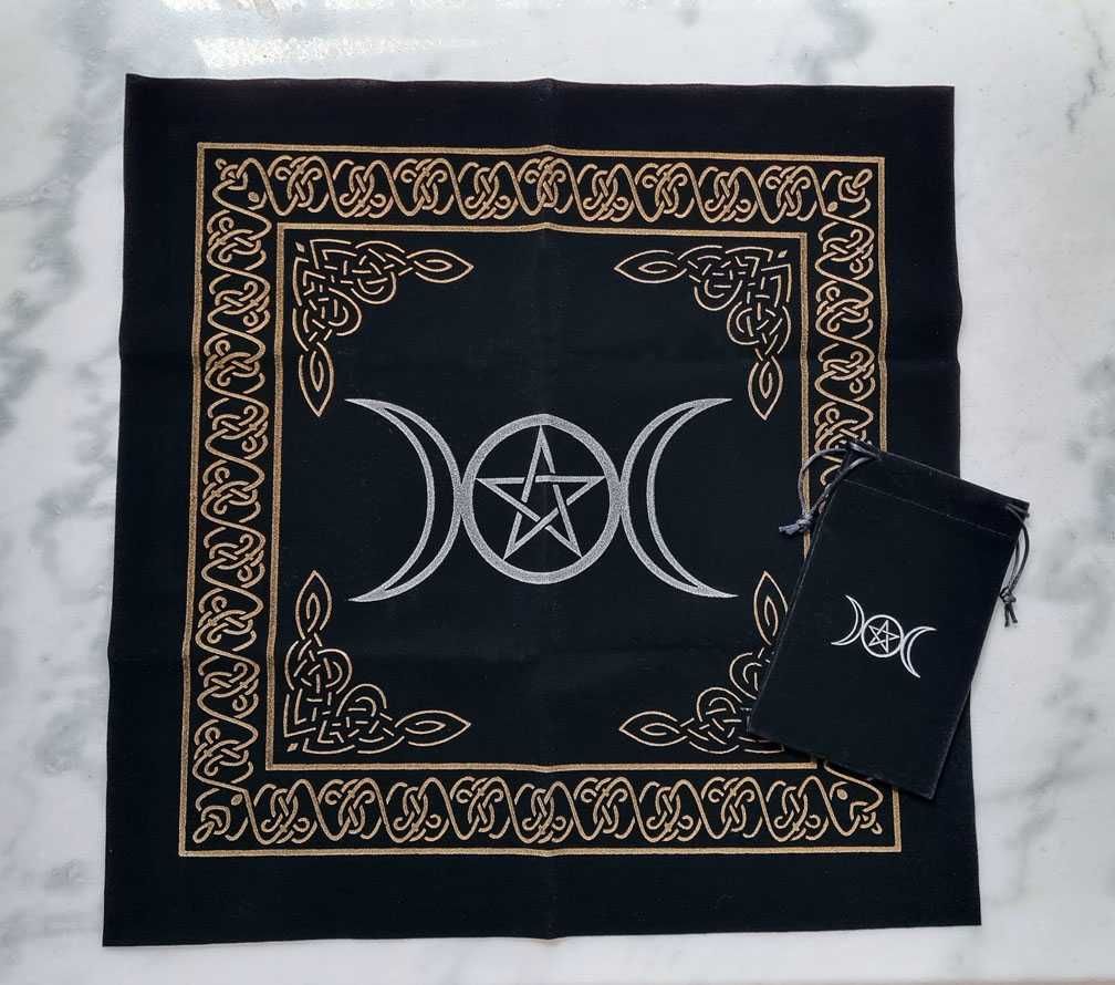 Conj. Toalha + Bolsa Veludo p/ Tarot "Lua Tríplice e Pentagrama"