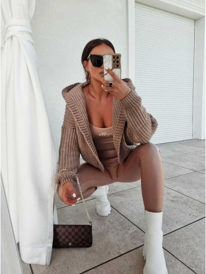 Krótki kardigan sweter z kapturem brązowy oversize S M L