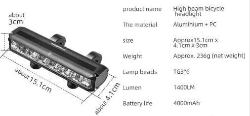 lampka rowerowa wodoodporna przód ALUMINIUM 1400 USB