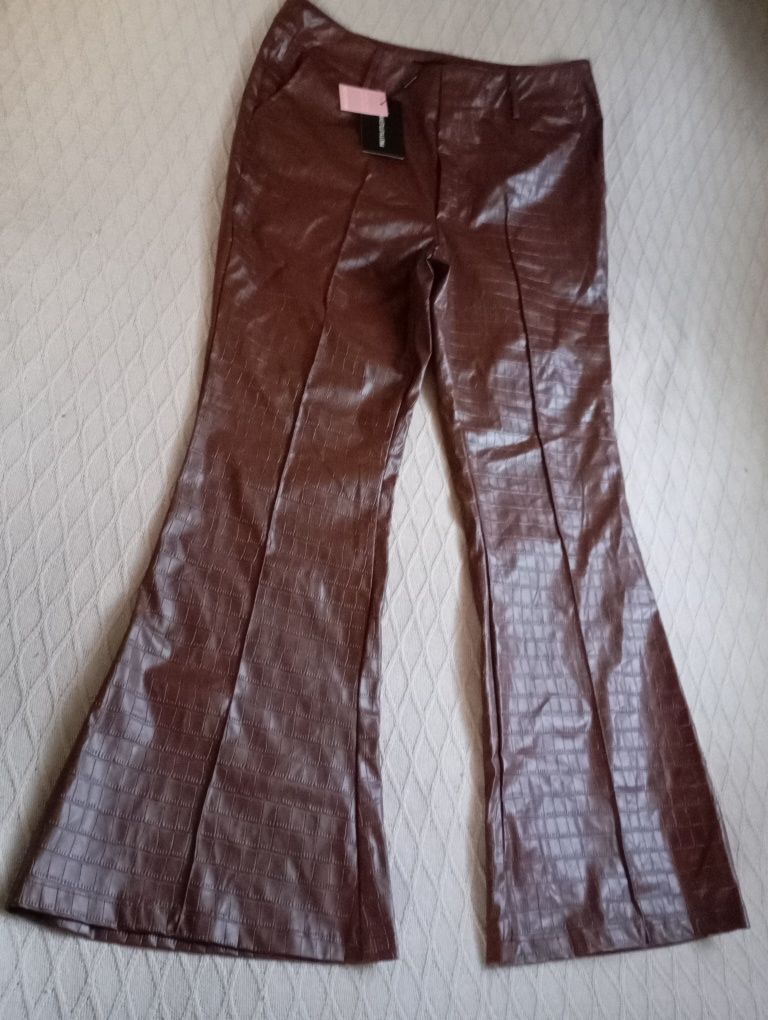 Nowe czekoladowe skórzane spodnie flare r.46-48