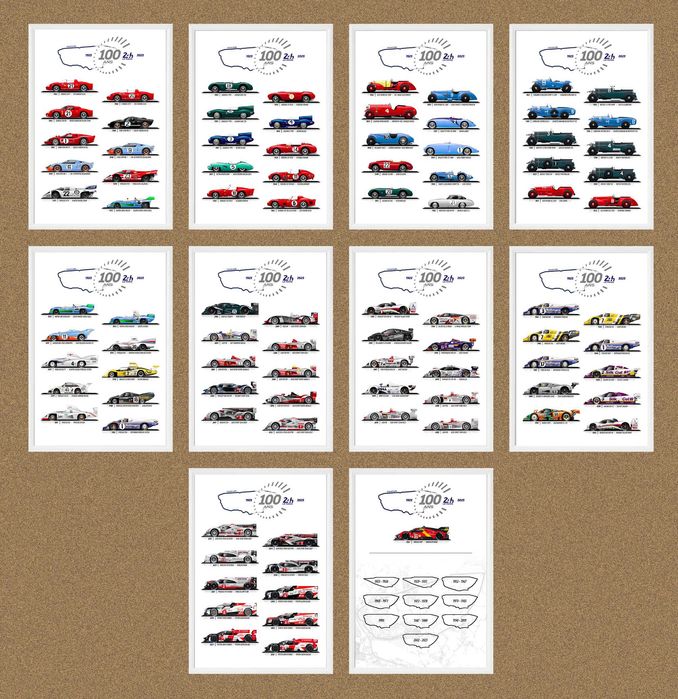 100 anos 24h Le Mans - Todos os vencedores 10x quadros com moldura
