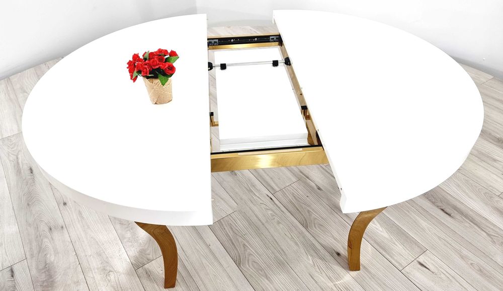 Stół Glamour rozkładany okrągły 130cm/160cm Ludwik GOLD/WHITE