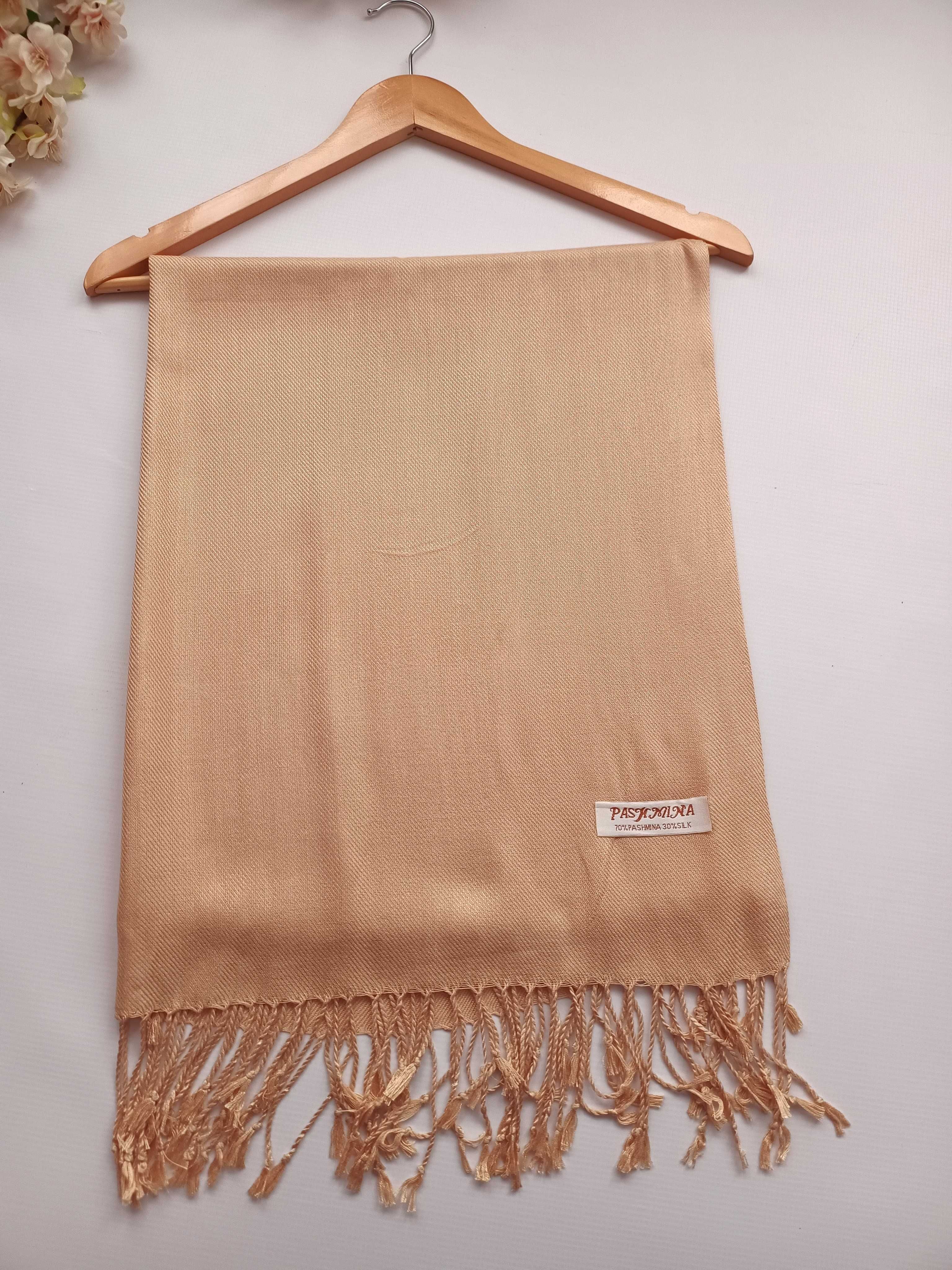 Nowy żółty szampański szal szalik kaszmir jedwab damski Pashmina
