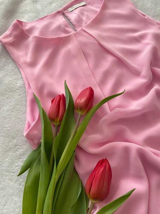 zwiewna różowa sukienka koktajlowa z szyfonu wesele chrzciny rozmiar L