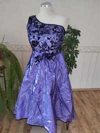 Suknia wieczorowa wizytowa z bolerkiem fioletowa XL na jedno ramię