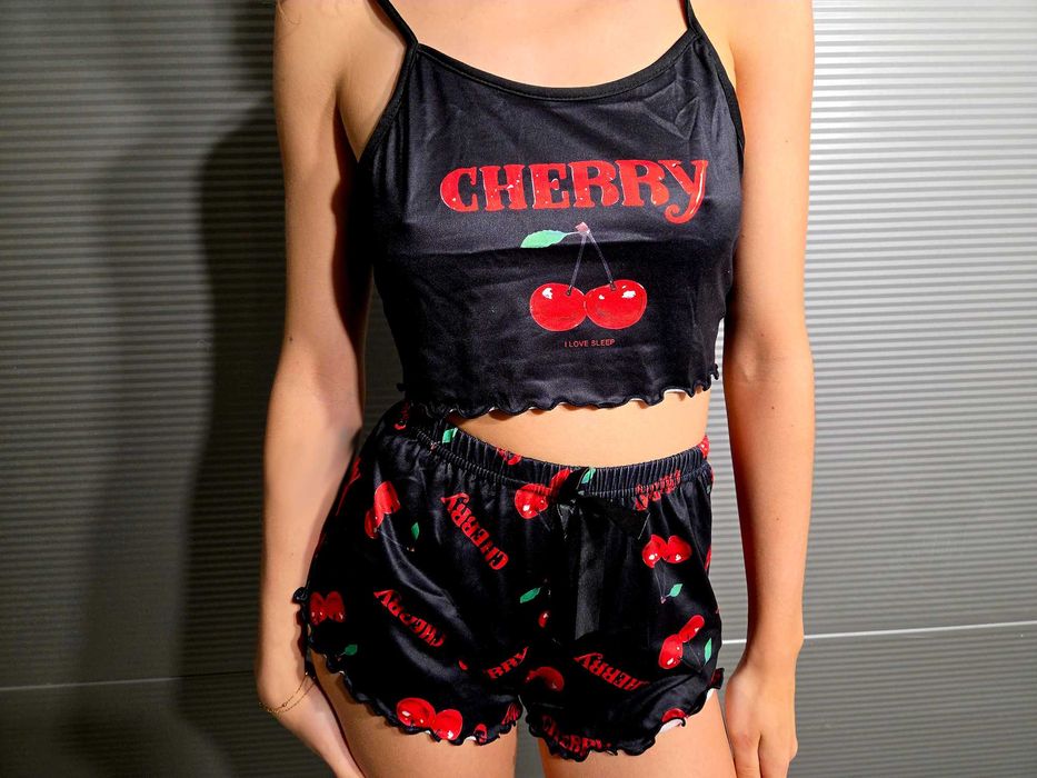 NOWA Seksowna piżamka czarna z motywem wisienki piżama damska rozm S