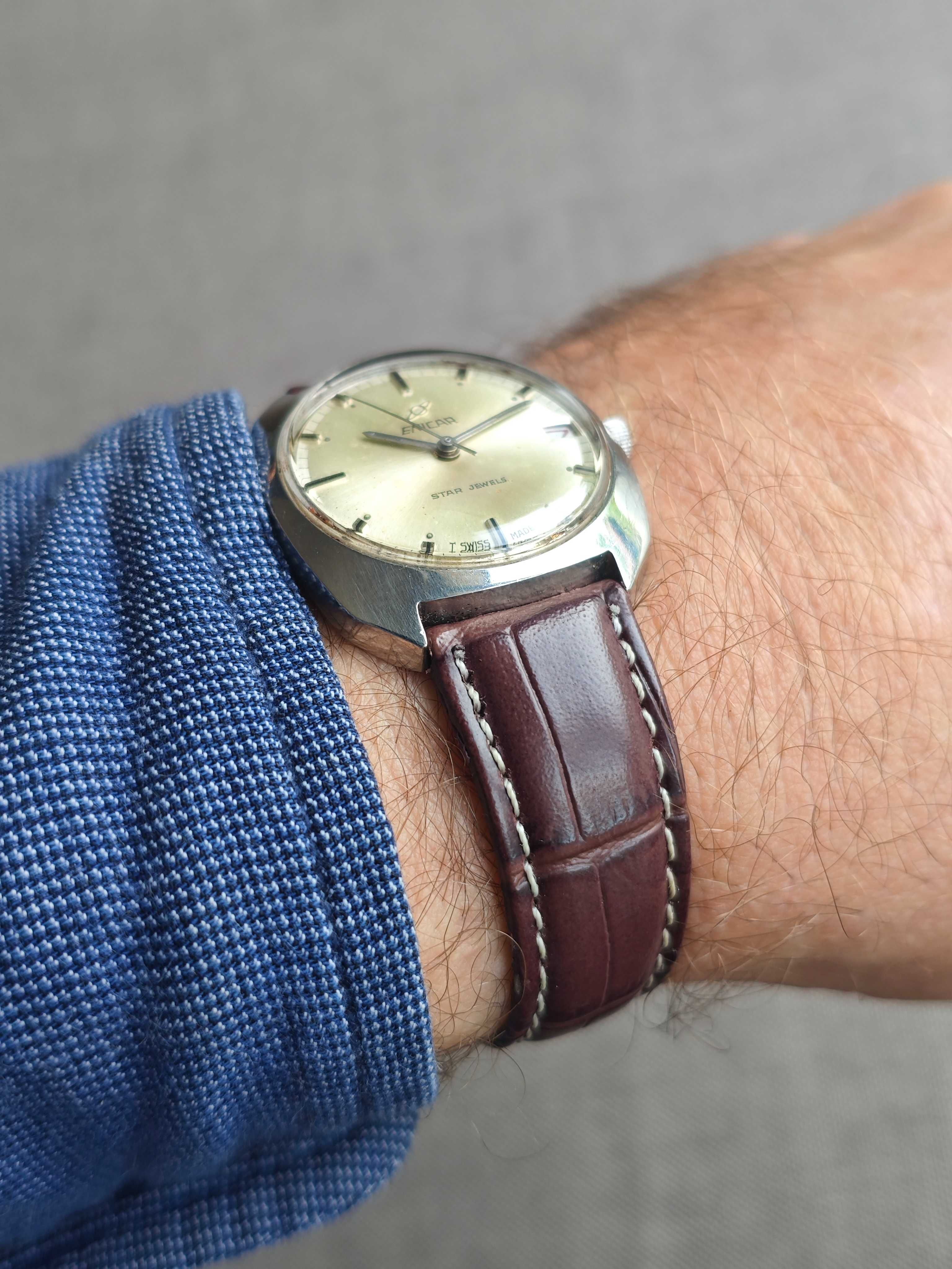 cały stalowy ENICAR mechaniczny zegarek nakręcany SWISS MADE retro