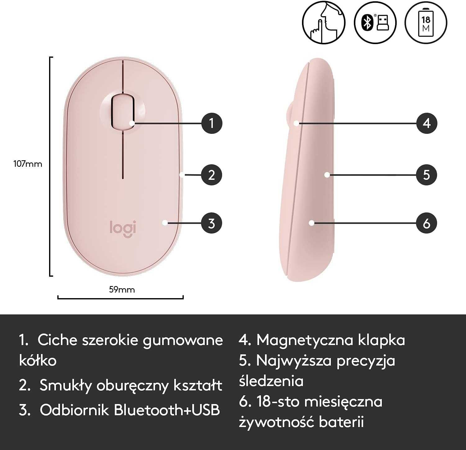 Logitech Pebble M350 Mysz bezprzewodowa Bluetooth Cicha Smukła różowa